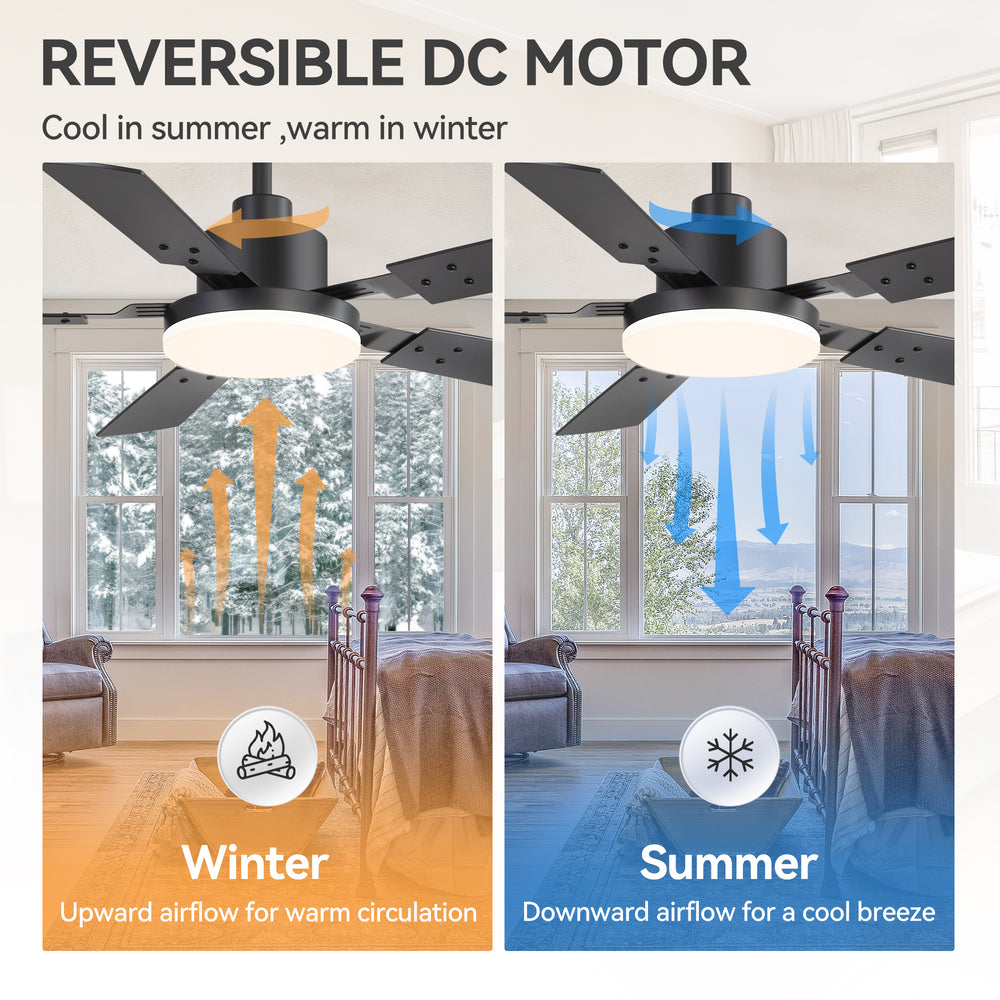 48/52-inch LED Ceiling Fan with Light Remote and 5 Dual-sided Blades, 5” and 10”  Downrod Included