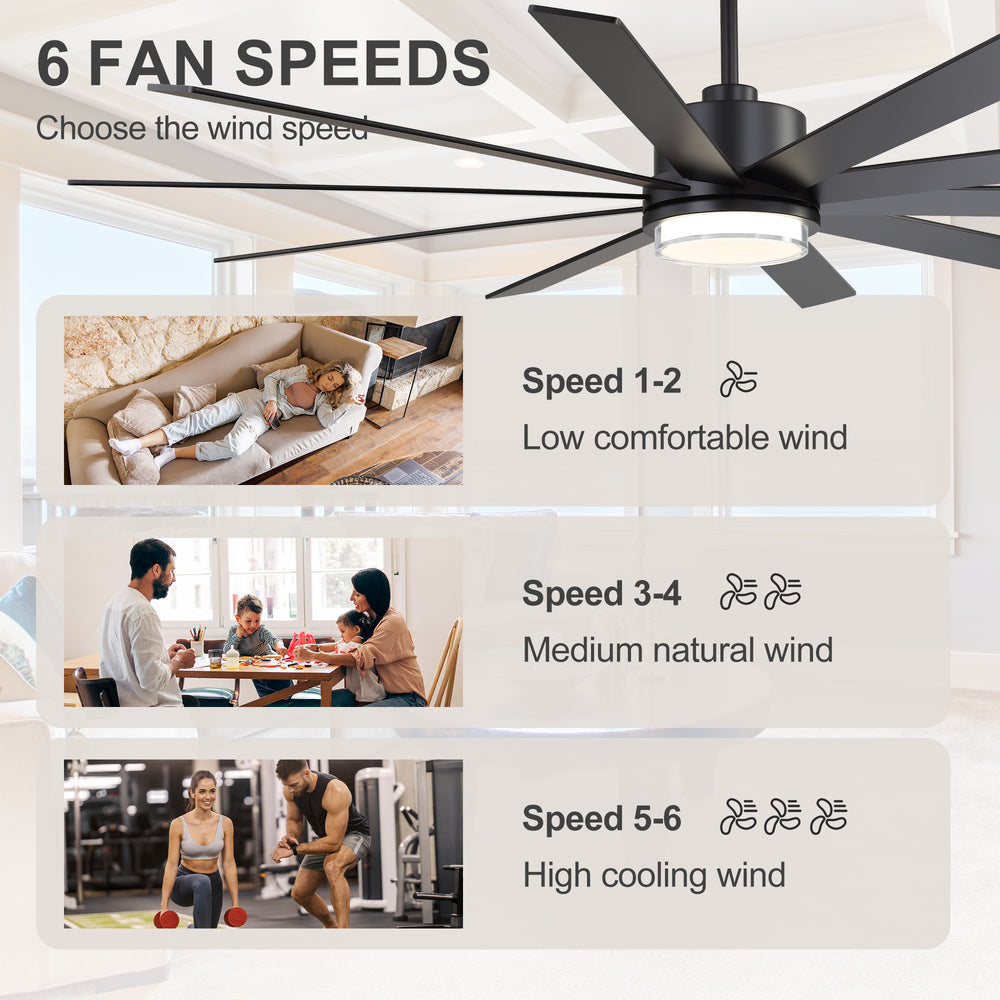 72"/80" Large Ceiling Fan with Reversible Blades, Matte Black Finish, Quiet DC Motor, 24W LED Light (3 Color Temps), Memory Function, 6-Speed Remote with Timer, Downrods Included