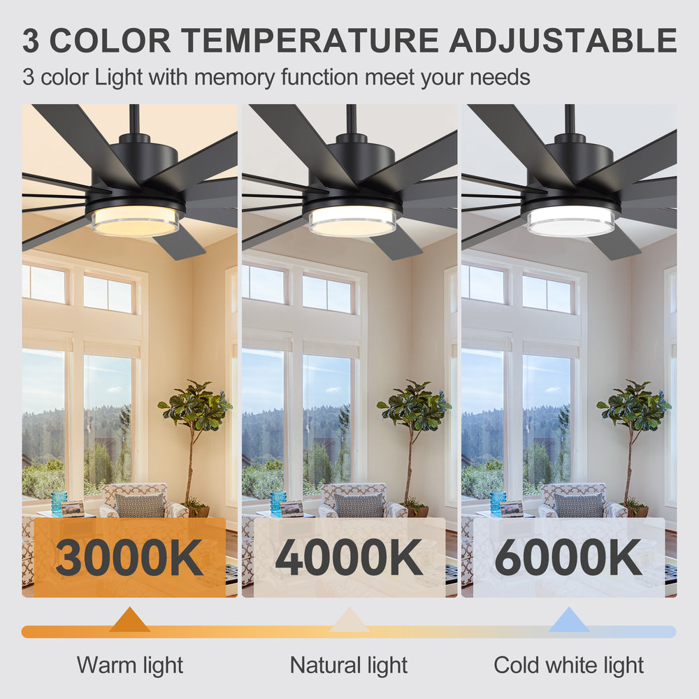 72"/80" Large Ceiling Fan with Reversible Blades, Matte Black Finish, Quiet DC Motor, 24W LED Light (3 Color Temps), Memory Function, 6-Speed Remote with Timer, Downrods Included