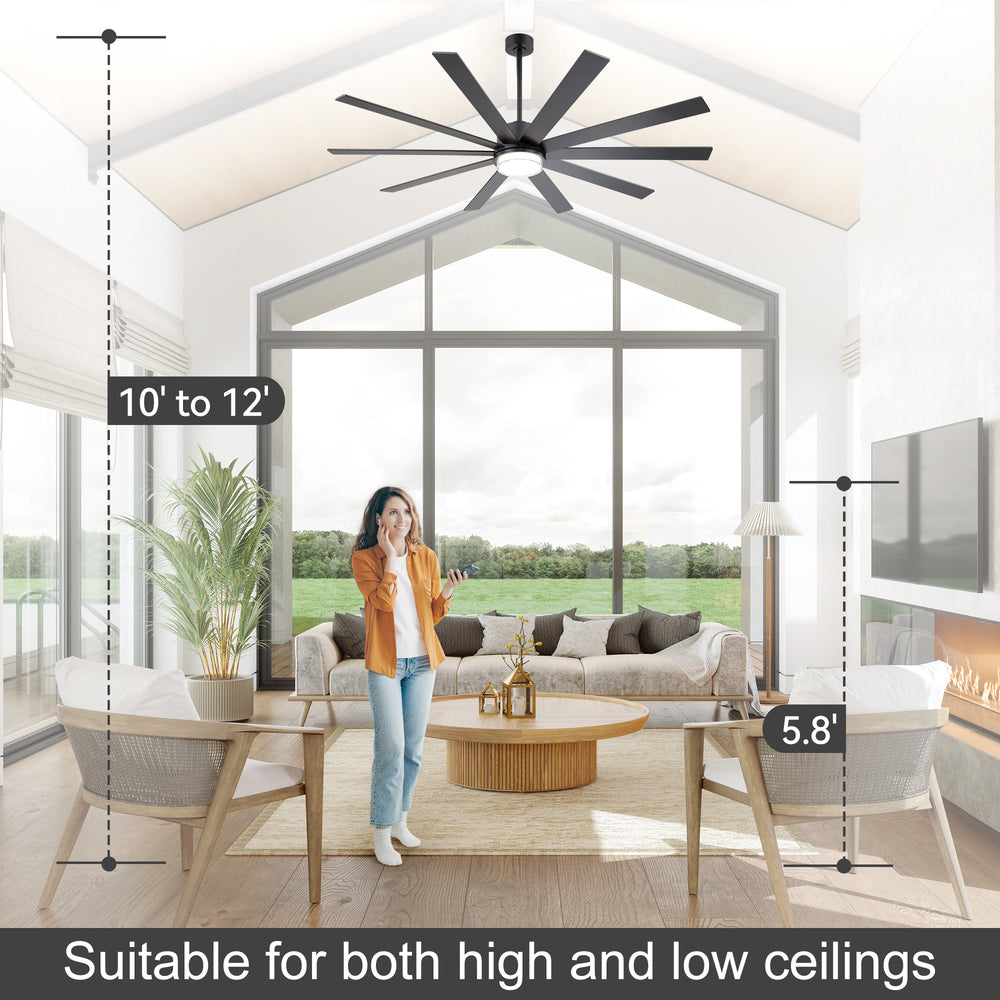 72"/80" Large Ceiling Fan with Reversible Blades, Matte Black Finish, Quiet DC Motor, 24W LED Light (3 Color Temps), Memory Function, 6-Speed Remote with Timer, Downrods Included