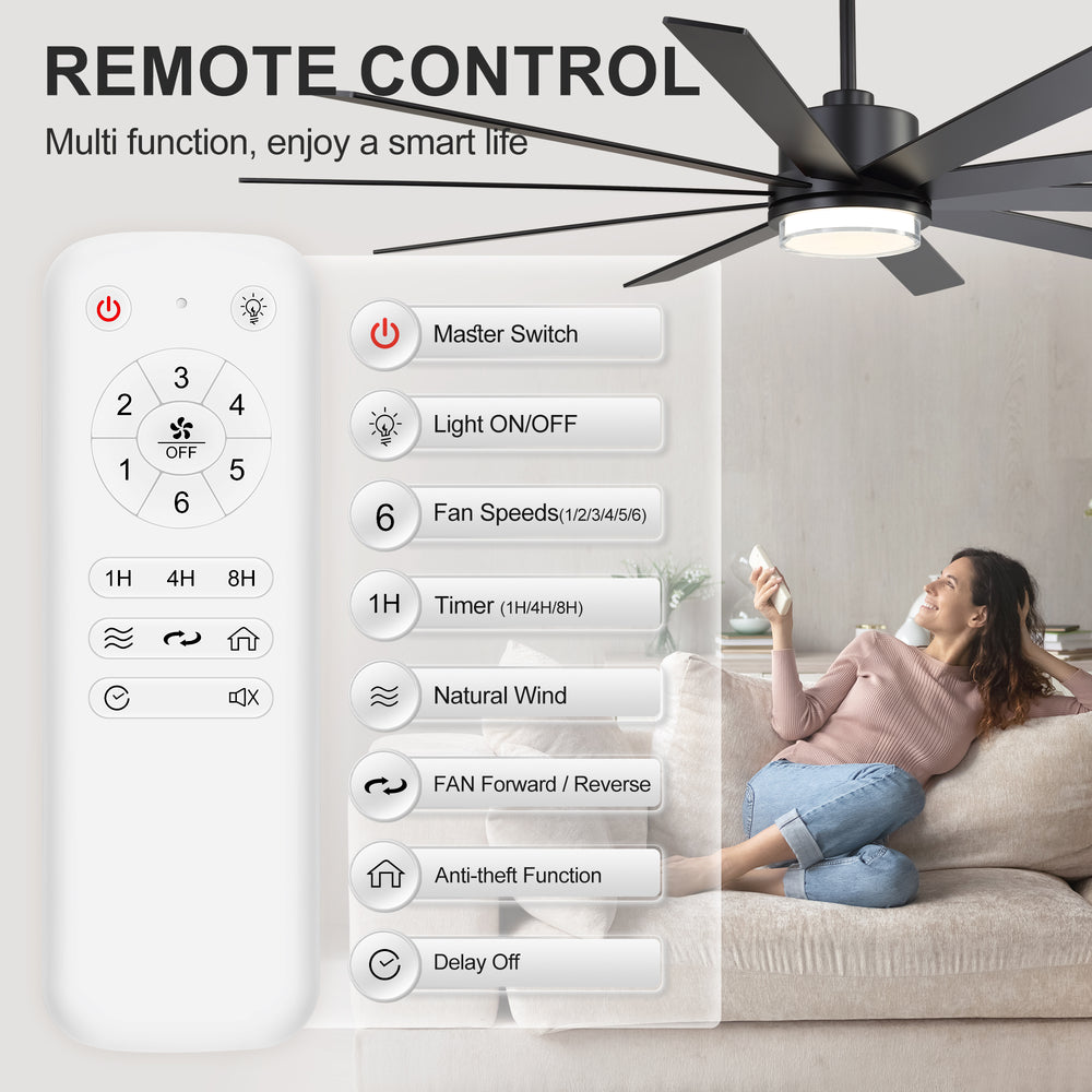 72"/80" Large Ceiling Fan with Reversible Blades, Matte Black Finish, Quiet DC Motor, 24W LED Light (3 Color Temps), Memory Function, 6-Speed Remote with Timer, Downrods Included