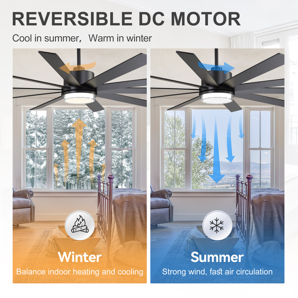 72"/80" Large Ceiling Fan with Reversible Blades, Matte Black Finish, Quiet DC Motor, 24W LED Light (3 Color Temps), Memory Function, 6-Speed Remote with Timer, Downrods Included