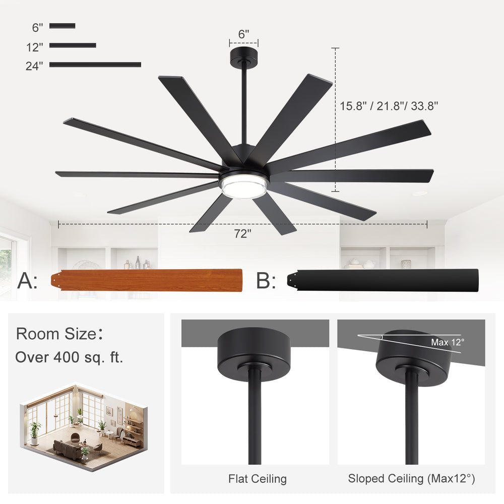 72"/80" Large Ceiling Fan with Reversible Blades, Matte Black Finish, Quiet DC Motor, 24W LED Light (3 Color Temps), Memory Function, 6-Speed Remote with Timer, Downrods Included