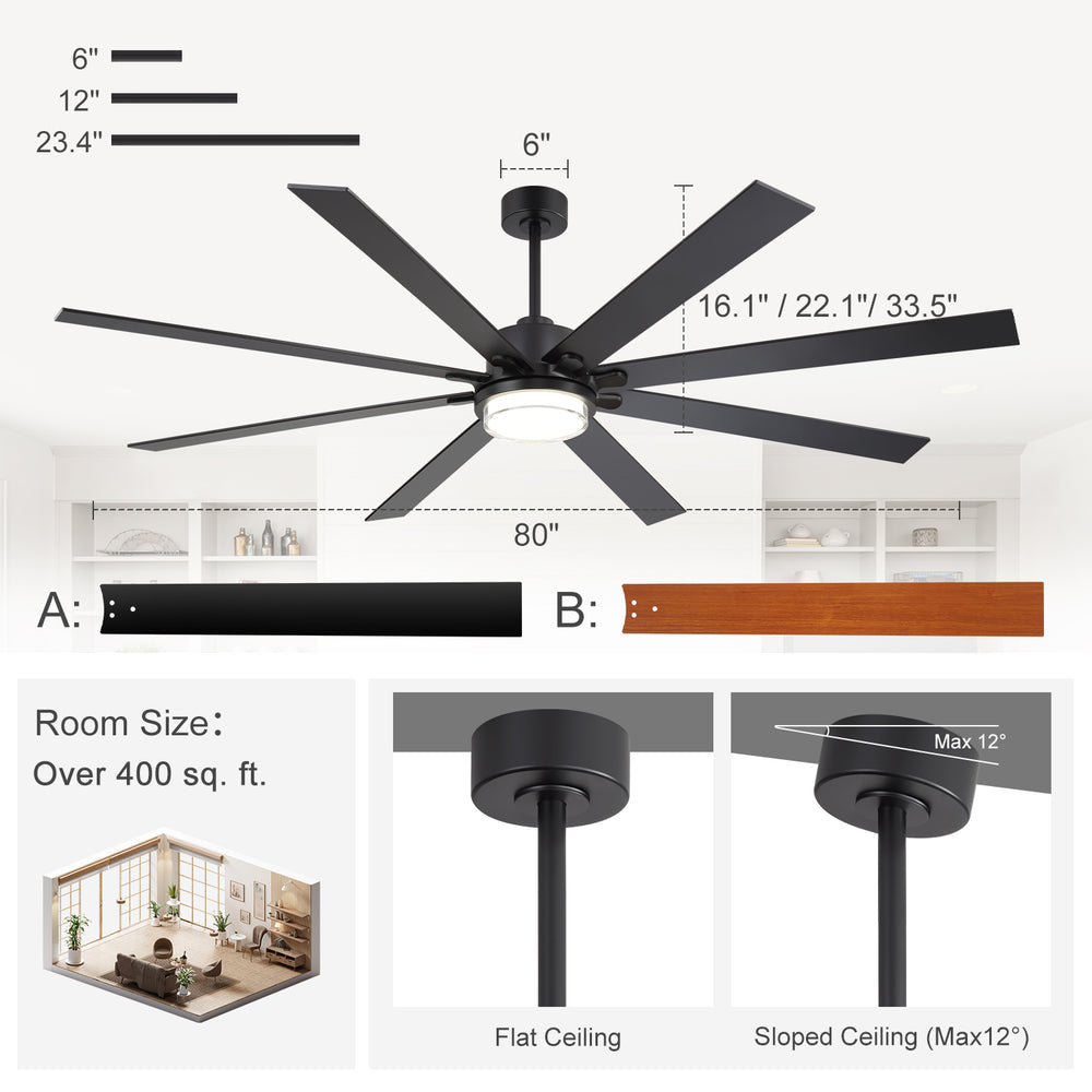 72"/80" Large Ceiling Fan with Reversible Blades, Matte Black Finish, Quiet DC Motor, 24W LED Light (3 Color Temps), Memory Function, 6-Speed Remote with Timer, Downrods Included