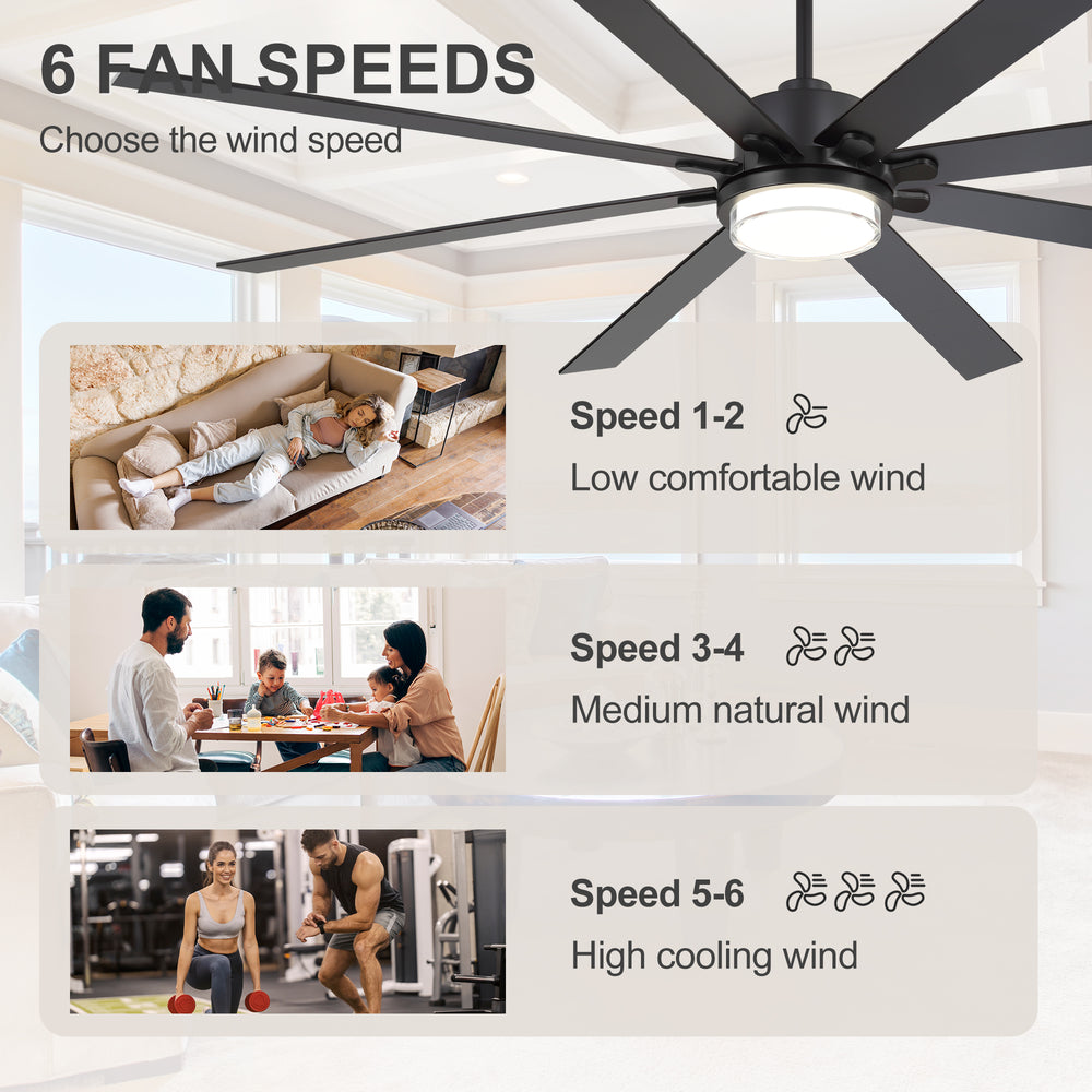 72"/80" Large Ceiling Fan with Reversible Blades, Matte Black Finish, Quiet DC Motor, 24W LED Light (3 Color Temps), Memory Function, 6-Speed Remote with Timer, Downrods Included