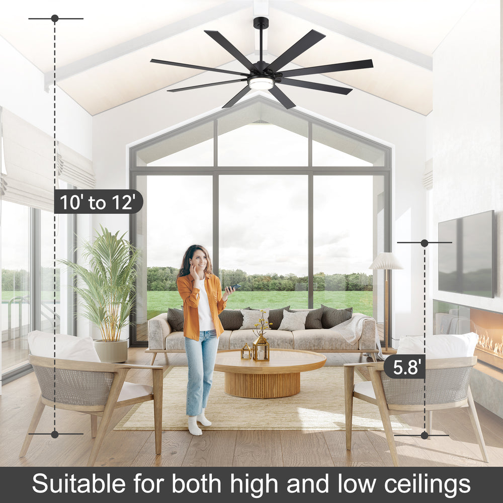 72"/80" Large Ceiling Fan with Reversible Blades, Matte Black Finish, Quiet DC Motor, 24W LED Light (3 Color Temps), Memory Function, 6-Speed Remote with Timer, Downrods Included