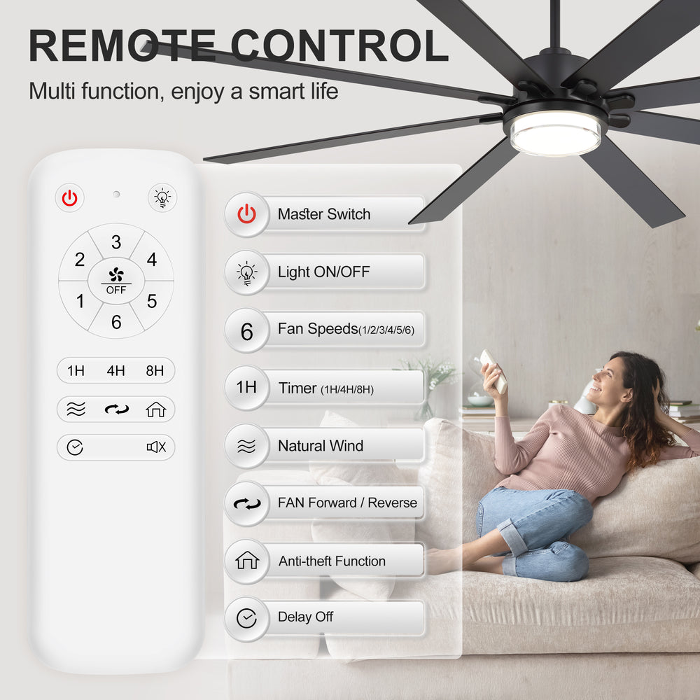 72"/80" Large Ceiling Fan with Reversible Blades, Matte Black Finish, Quiet DC Motor, 24W LED Light (3 Color Temps), Memory Function, 6-Speed Remote with Timer, Downrods Included