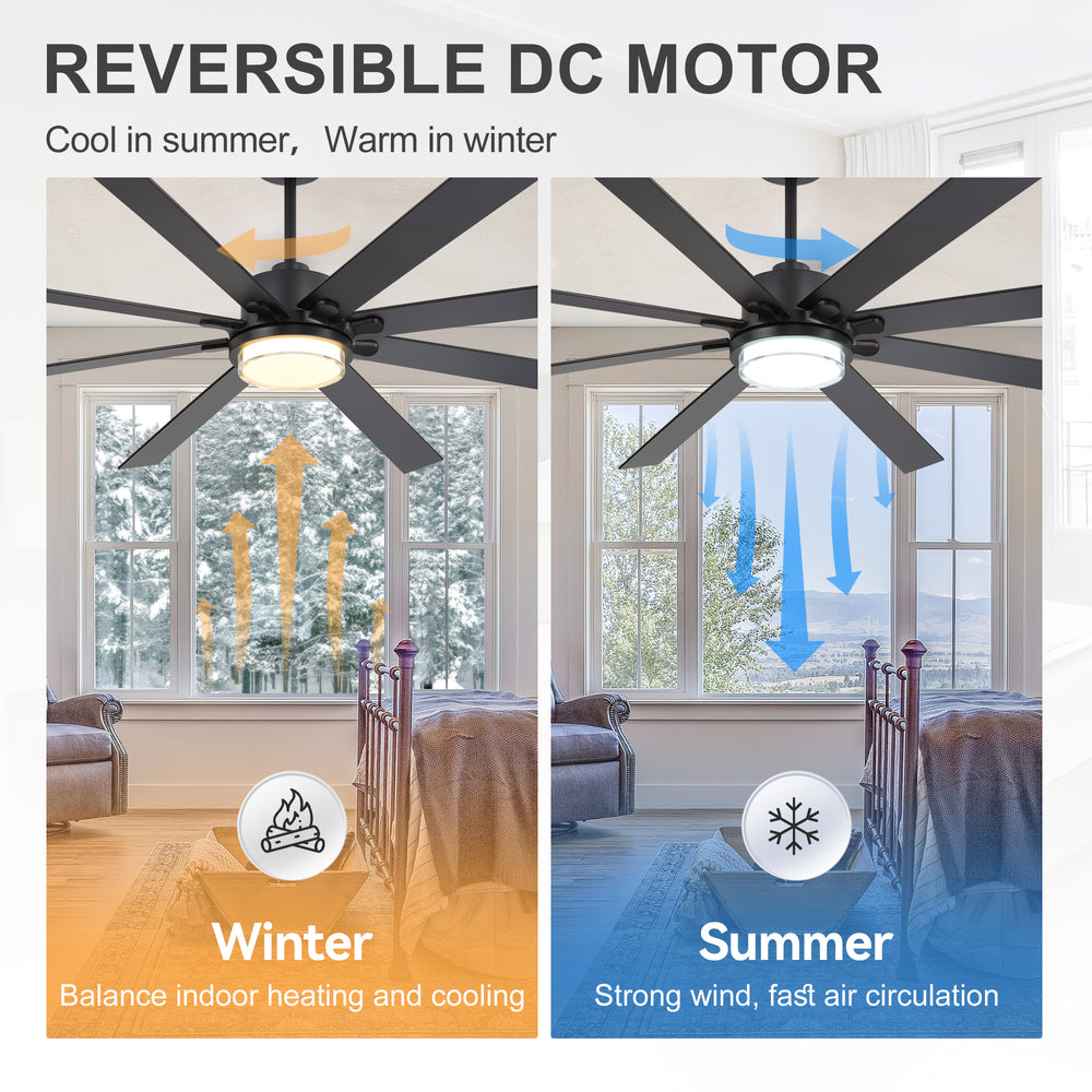 72"/80" Large Ceiling Fan with Reversible Blades, Matte Black Finish, Quiet DC Motor, 24W LED Light (3 Color Temps), Memory Function, 6-Speed Remote with Timer, Downrods Included