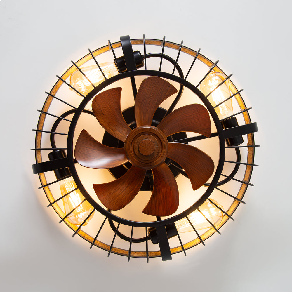 18.9-inch Industrial Flush Mount Caged Ceiling Fan with Light and Remote, 7 ABS Blades, 6-Speed  Reversible DC Motor, for Small Indoor Spaces