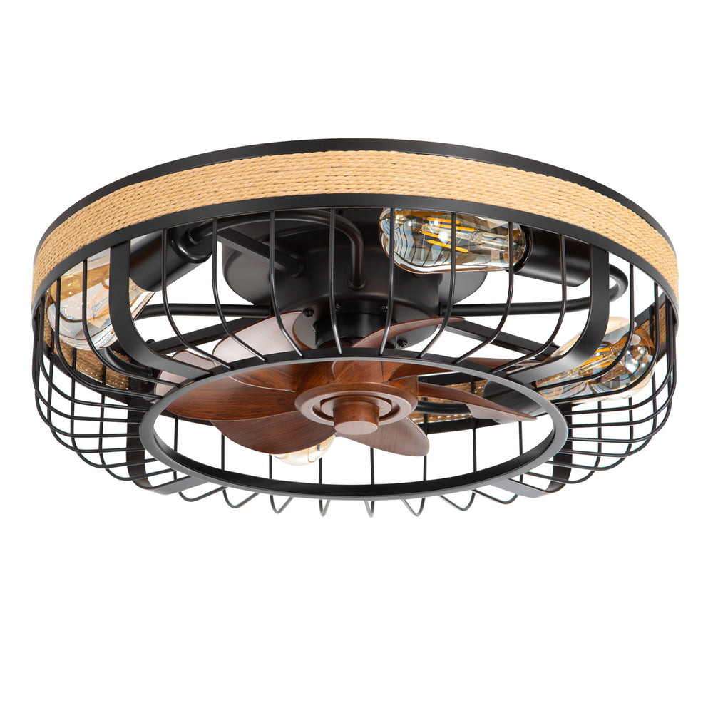 18.9-inch Industrial Flush Mount Caged Ceiling Fan with Light and Remote, 7 ABS Blades, 6-Speed  Reversible DC Motor, for Small Indoor Spaces