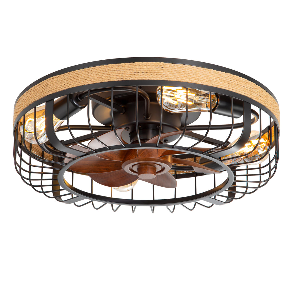 18.9-inch Industrial Flush Mount Caged Ceiling Fan with Light and Remote, 7 ABS Blades, 6-Speed  Reversible DC Motor, for Small Indoor Spaces