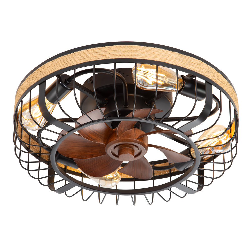 18.9-inch Industrial Flush Mount Caged Ceiling Fan with Light and Remote, 7 ABS Blades, 6-Speed  Reversible DC Motor, for Small Indoor Spaces