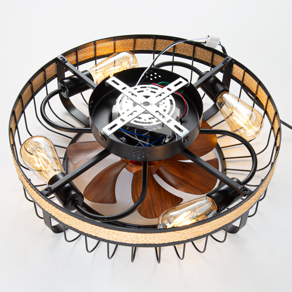 18.9-inch Industrial Flush Mount Caged Ceiling Fan with Light and Remote, 7 ABS Blades, 6-Speed  Reversible DC Motor, for Small Indoor Spaces