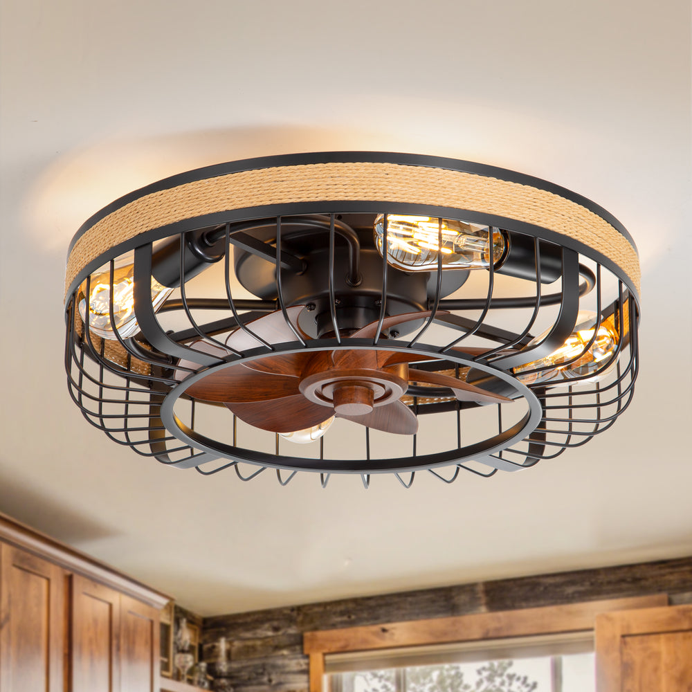 18.9-inch Industrial Flush Mount Caged Ceiling Fan with Light and Remote, 7 ABS Blades, 6-Speed  Reversible DC Motor, for Small Indoor Spaces