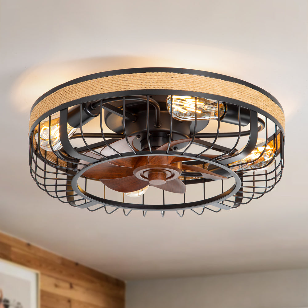 18.9-inch Industrial Flush Mount Caged Ceiling Fan with Light and Remote, 7 ABS Blades, 6-Speed  Reversible DC Motor, for Small Indoor Spaces