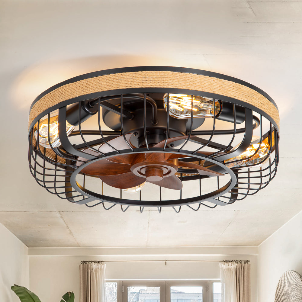 18.9-inch Industrial Flush Mount Caged Ceiling Fan with Light and Remote, 7 ABS Blades, 6-Speed  Reversible DC Motor, for Small Indoor Spaces