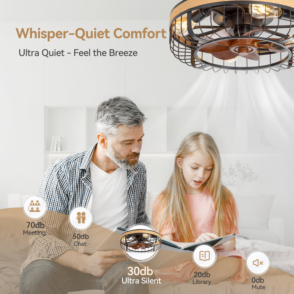 18.9-inch Industrial Flush Mount Caged Ceiling Fan with Light and Remote, 7 ABS Blades, 6-Speed  Reversible DC Motor, for Small Indoor Spaces