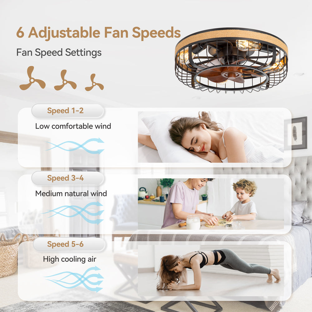 18.9-inch Industrial Flush Mount Caged Ceiling Fan with Light and Remote, 7 ABS Blades, 6-Speed  Reversible DC Motor, for Small Indoor Spaces