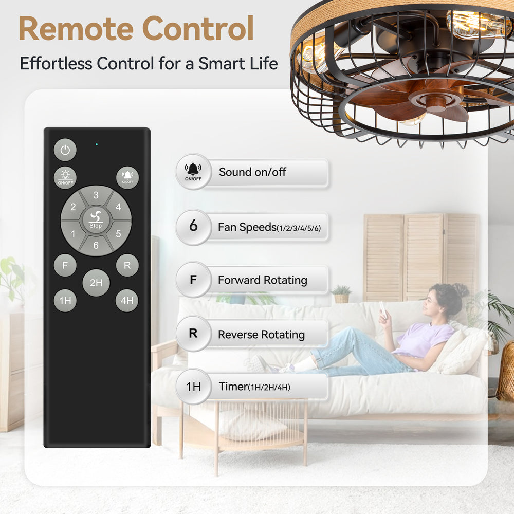 18.9-inch Industrial Flush Mount Caged Ceiling Fan with Light and Remote, 7 ABS Blades, 6-Speed  Reversible DC Motor, for Small Indoor Spaces