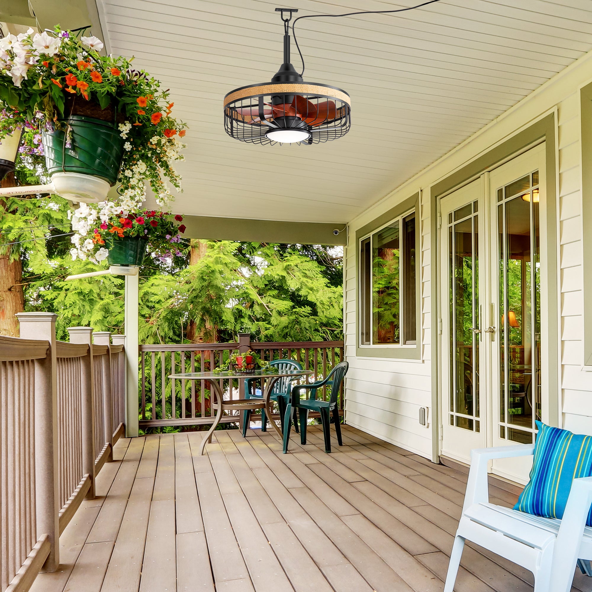 Bramara 32080-BK compact outdoor ceiling fan with light installed on a covered porch