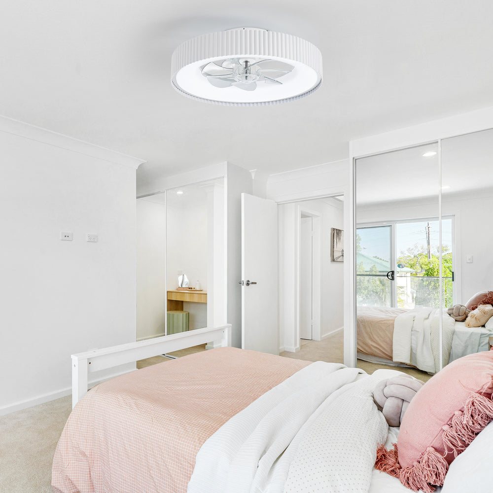 19.3-inch Flush Mount White Ceiling Fan with Dimmable LED Light, Remote Control, Stepless Color Temperature Adjustment, 7 Transparent ABS Blades