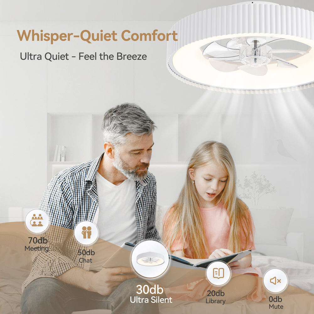 19.3-inch Flush Mount White Ceiling Fan with Dimmable LED Light, Remote Control, Stepless Color Temperature Adjustment, 7 Transparent ABS Blades