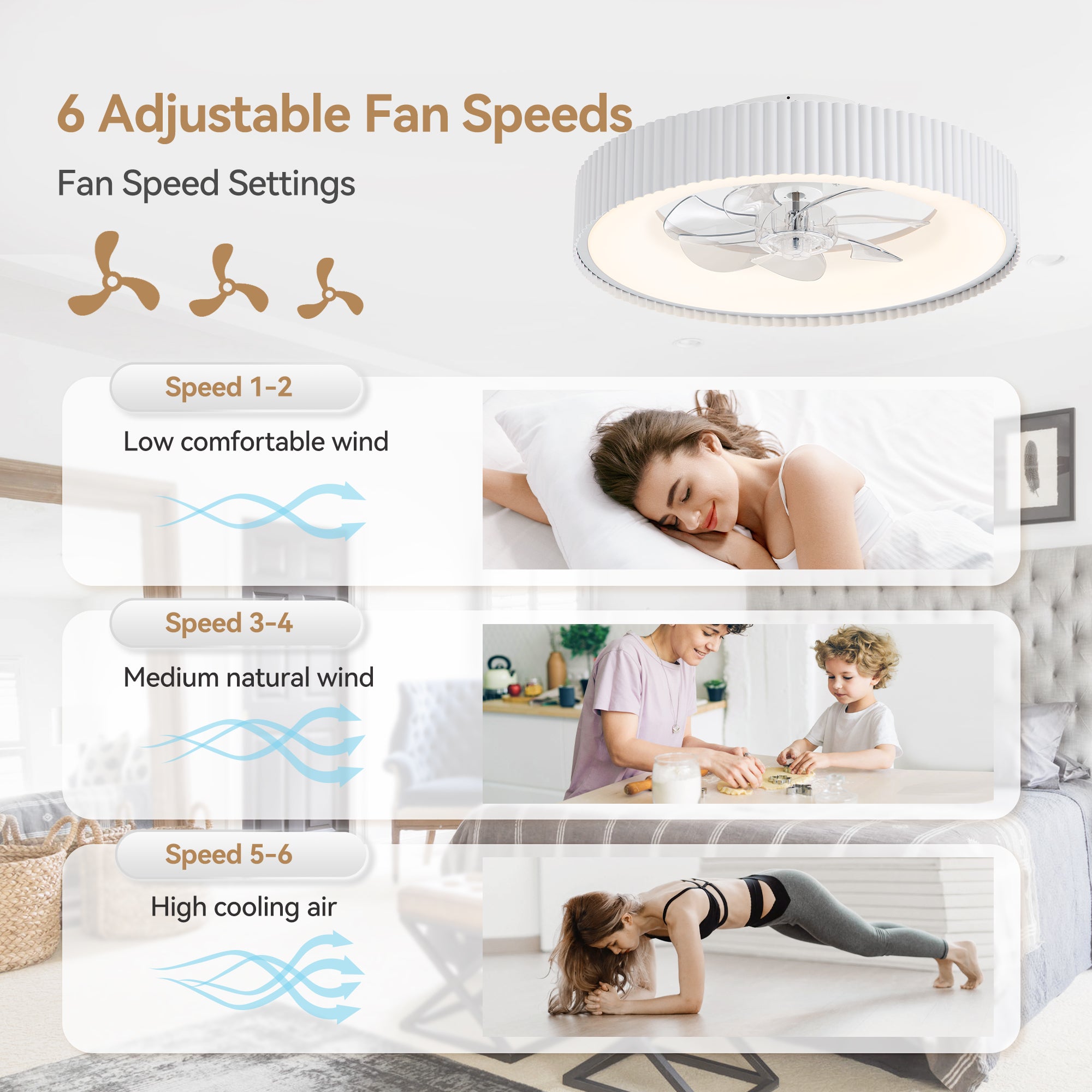 Brenon ceiling fan showing six adjustable fan speeds