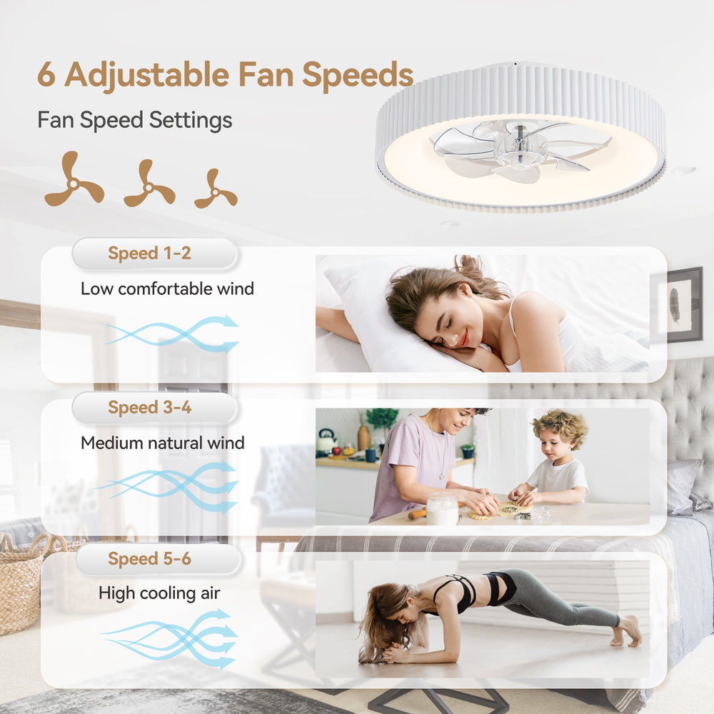 19.3-inch Flush Mount White Ceiling Fan with Dimmable LED Light, Remote Control, Stepless Color Temperature Adjustment, 7 Transparent ABS Blades