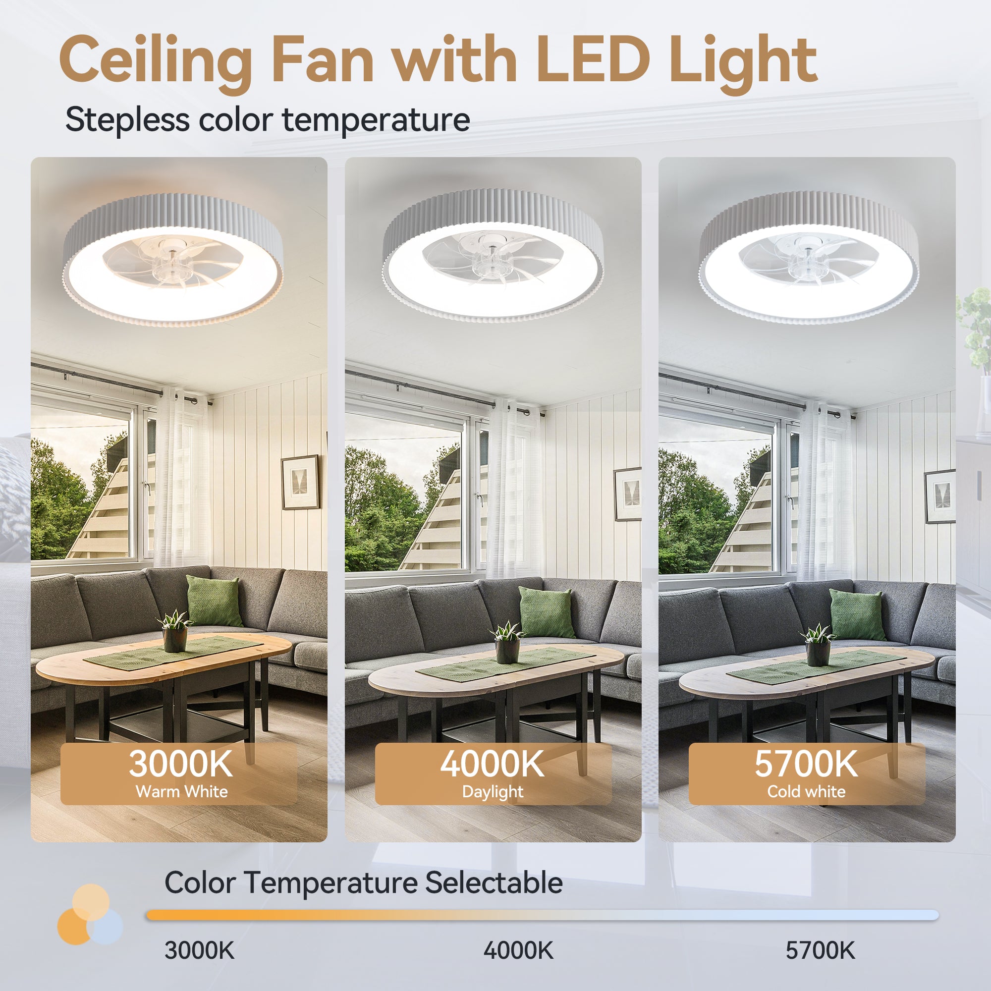 Brenon ceiling fan showing adjustable LED color temperature from 3000K through 4000K to 5700K
