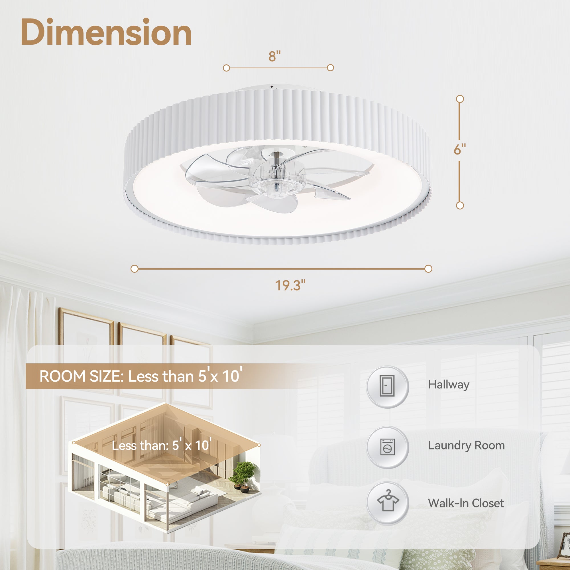Brenon flush mount ceiling fan dimension graphic showing 19.3 inch nominal width 6 inch height and 8 inch mounting section