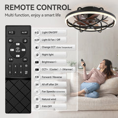 19.7-inch Flush Mount Caged Ceiling Fan with Light – Matte Black Finish, Quiet DC Motor, Remote Control,5 ABS Blades, Dimmable LED with 3 Color Temperatures