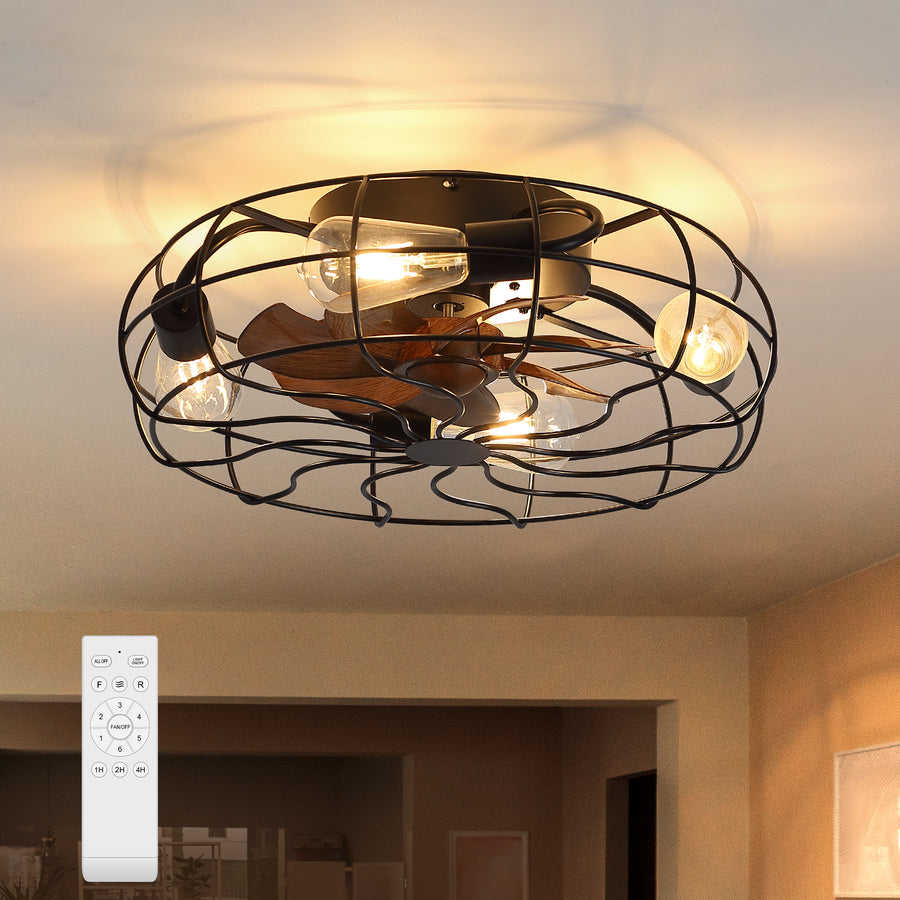 18.5/23.6-inch Caged Ceiling Fan with Light and Remote, Low Profile Flush Mount, Quiet DC Motor, ABS Blades, E26 Bulb Compatible, Industrial Farmhouse Ceiling Fan for Small Spaces