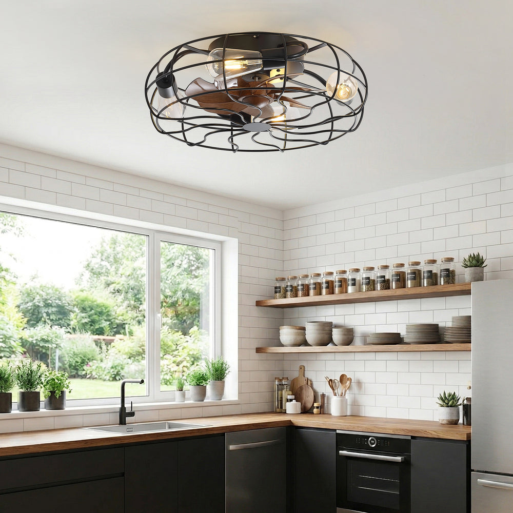 18.5-Inch Matte Black Caged Ceiling Fan with Light and Remote, Low Profile Flush Mount, Quiet DC Motor, 7 ABS Blades, Compatible with 4*E26 Base Bulbs