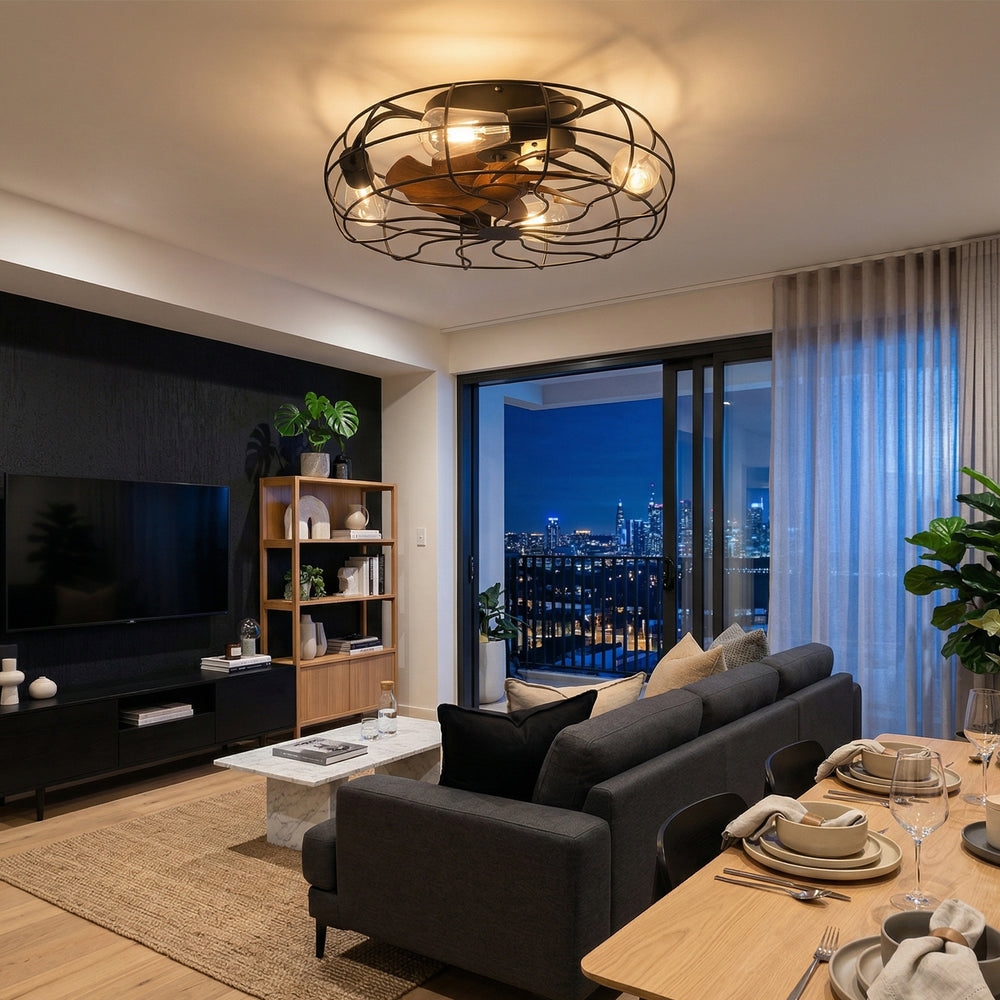 Alvoria flush mount low profile ceiling fan with light in an indoor dining and living area