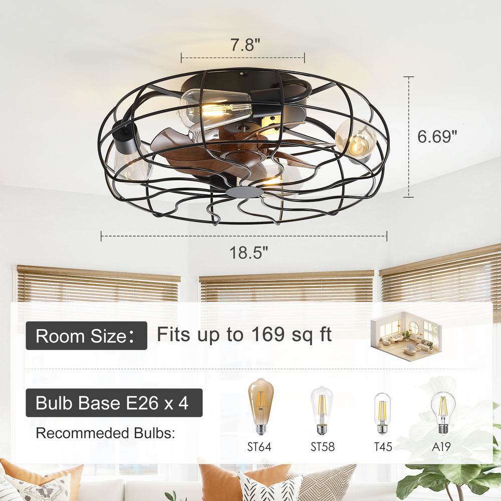 18.5-Inch Matte Black Caged Ceiling Fan with Light and Remote, Low Profile Flush Mount, Quiet DC Motor, 7 ABS Blades, Compatible with 4*E26 Base Bulbs