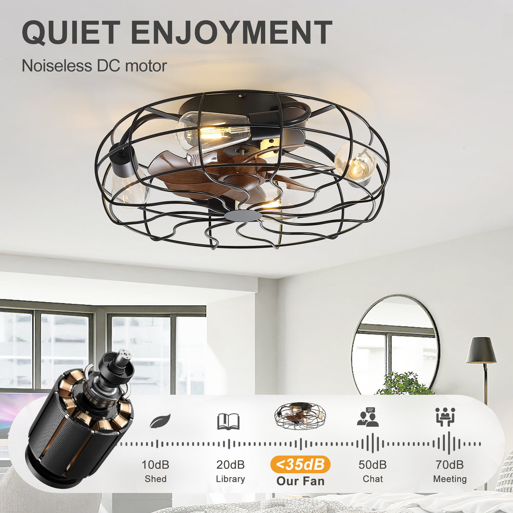 18.5-Inch Matte Black Caged Ceiling Fan with Light and Remote, Low Profile Flush Mount, Quiet DC Motor, 7 ABS Blades, Compatible with 4*E26 Base Bulbs