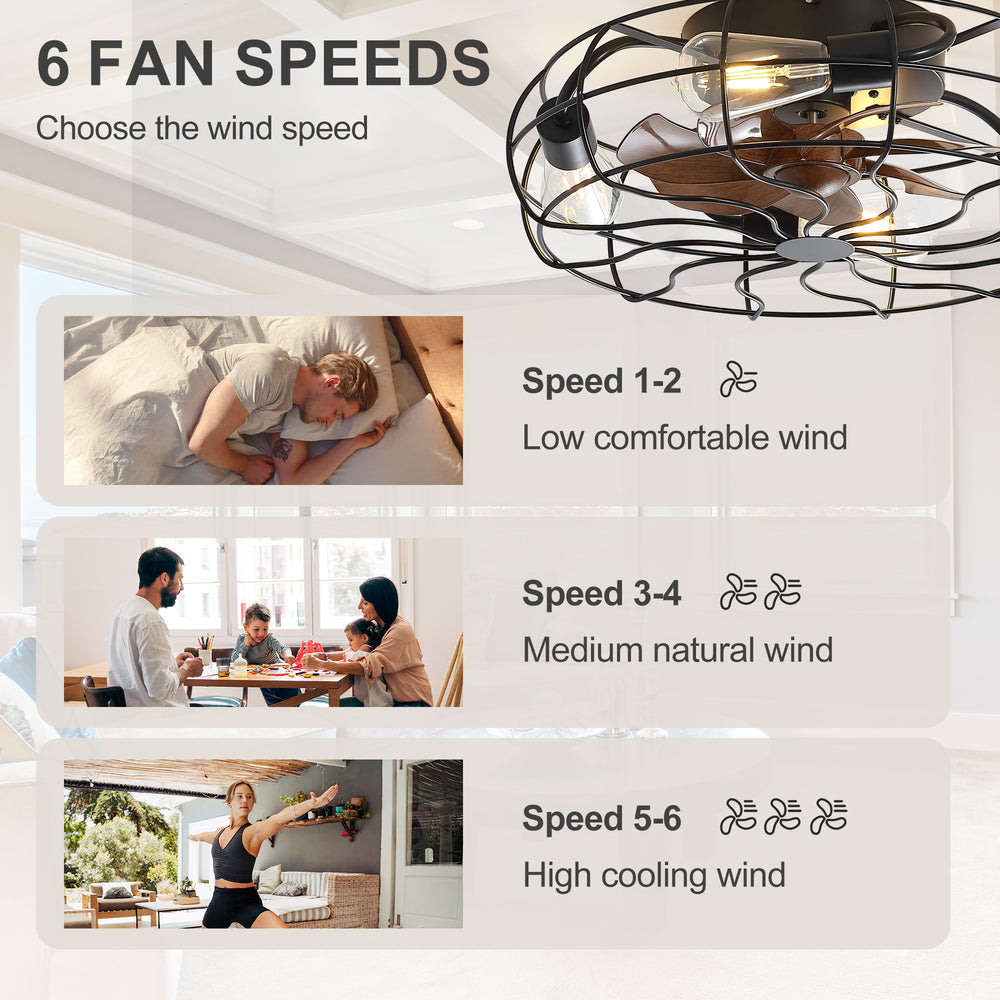 18.5-Inch Matte Black Caged Ceiling Fan with Light and Remote, Low Profile Flush Mount, Quiet DC Motor, 7 ABS Blades, Compatible with 4*E26 Base Bulbs