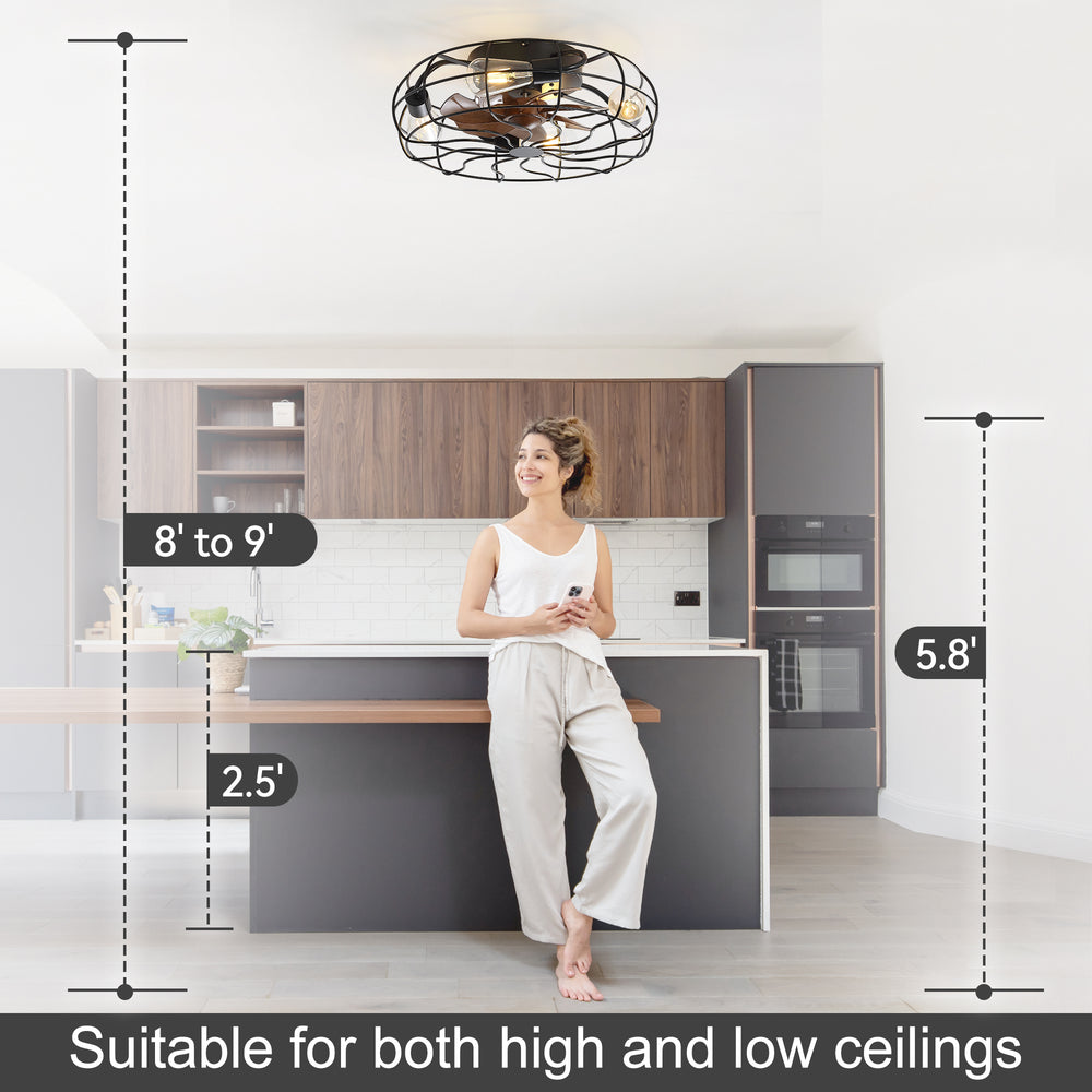 18.5-Inch Matte Black Caged Ceiling Fan with Light and Remote, Low Profile Flush Mount, Quiet DC Motor, 7 ABS Blades, Compatible with 4*E26 Base Bulbs
