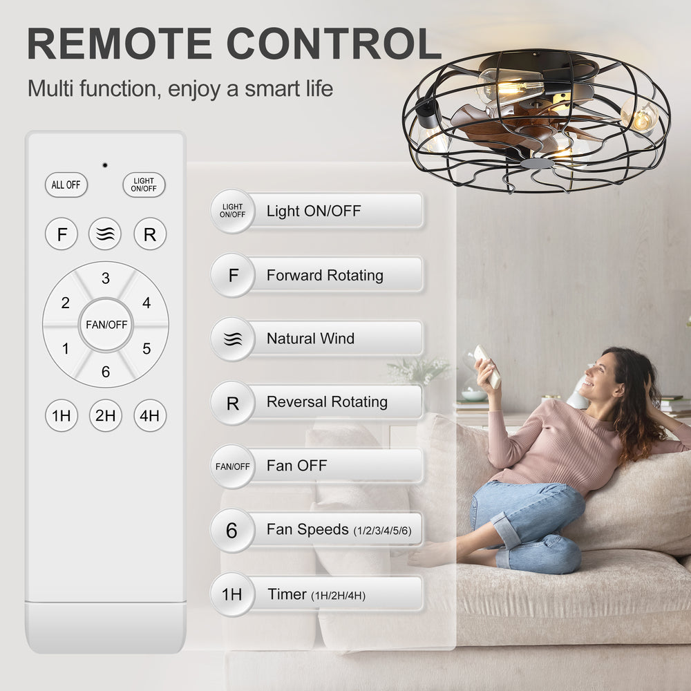 18.5-Inch Matte Black Caged Ceiling Fan with Light and Remote, Low Profile Flush Mount, Quiet DC Motor, 7 ABS Blades, Compatible with 4*E26 Base Bulbs