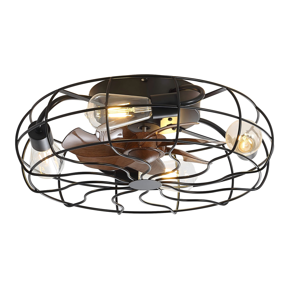 18.5-Inch Matte Black Caged Ceiling Fan with Light and Remote, Low Profile Flush Mount, Quiet DC Motor, 7 ABS Blades, Compatible with 4*E26 Base Bulbs