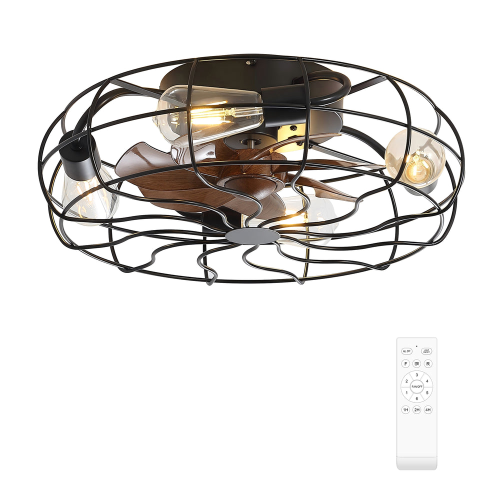 18.5-Inch Matte Black Caged Ceiling Fan with Light and Remote, Low Profile Flush Mount, Quiet DC Motor, 7 ABS Blades, Compatible with 4*E26 Base Bulbs