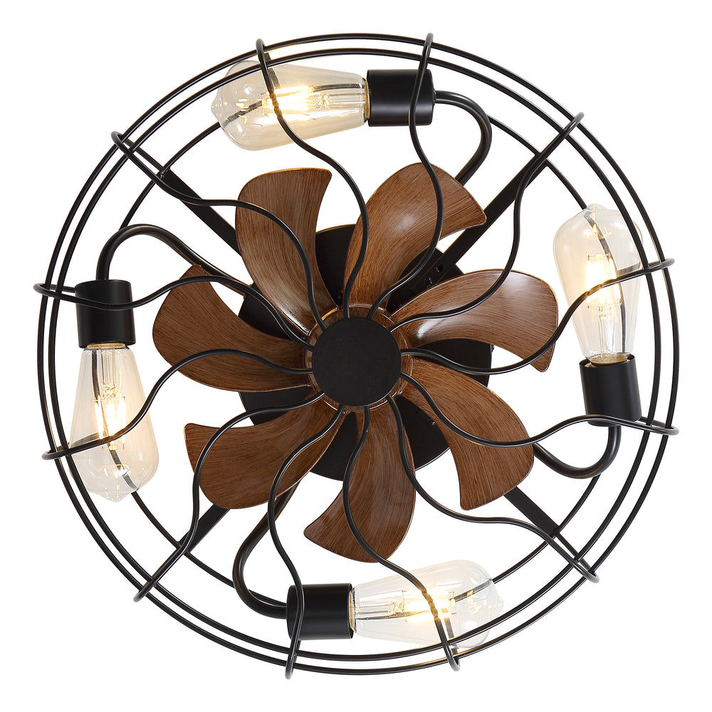 18.5-Inch Matte Black Caged Ceiling Fan with Light and Remote, Low Profile Flush Mount, Quiet DC Motor, 7 ABS Blades, Compatible with 4*E26 Base Bulbs