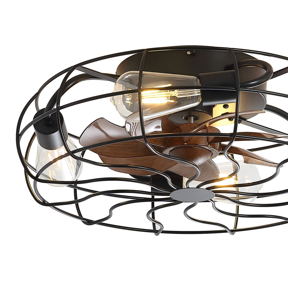 18.5-Inch Matte Black Caged Ceiling Fan with Light and Remote, Low Profile Flush Mount, Quiet DC Motor, 7 ABS Blades, Compatible with 4*E26 Base Bulbs