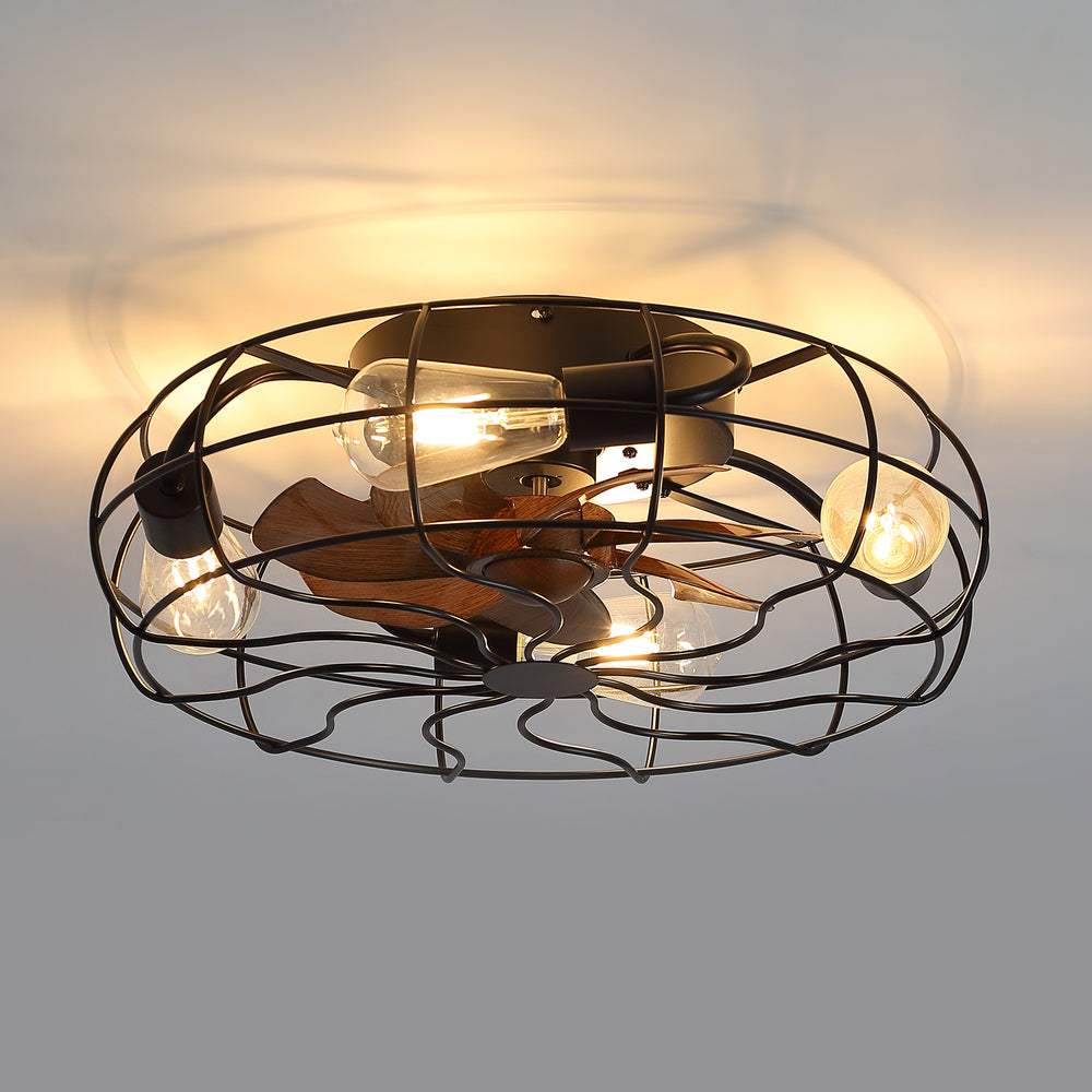 18.5-Inch Matte Black Caged Ceiling Fan with Light and Remote, Low Profile Flush Mount, Quiet DC Motor, 7 ABS Blades, Compatible with 4*E26 Base Bulbs