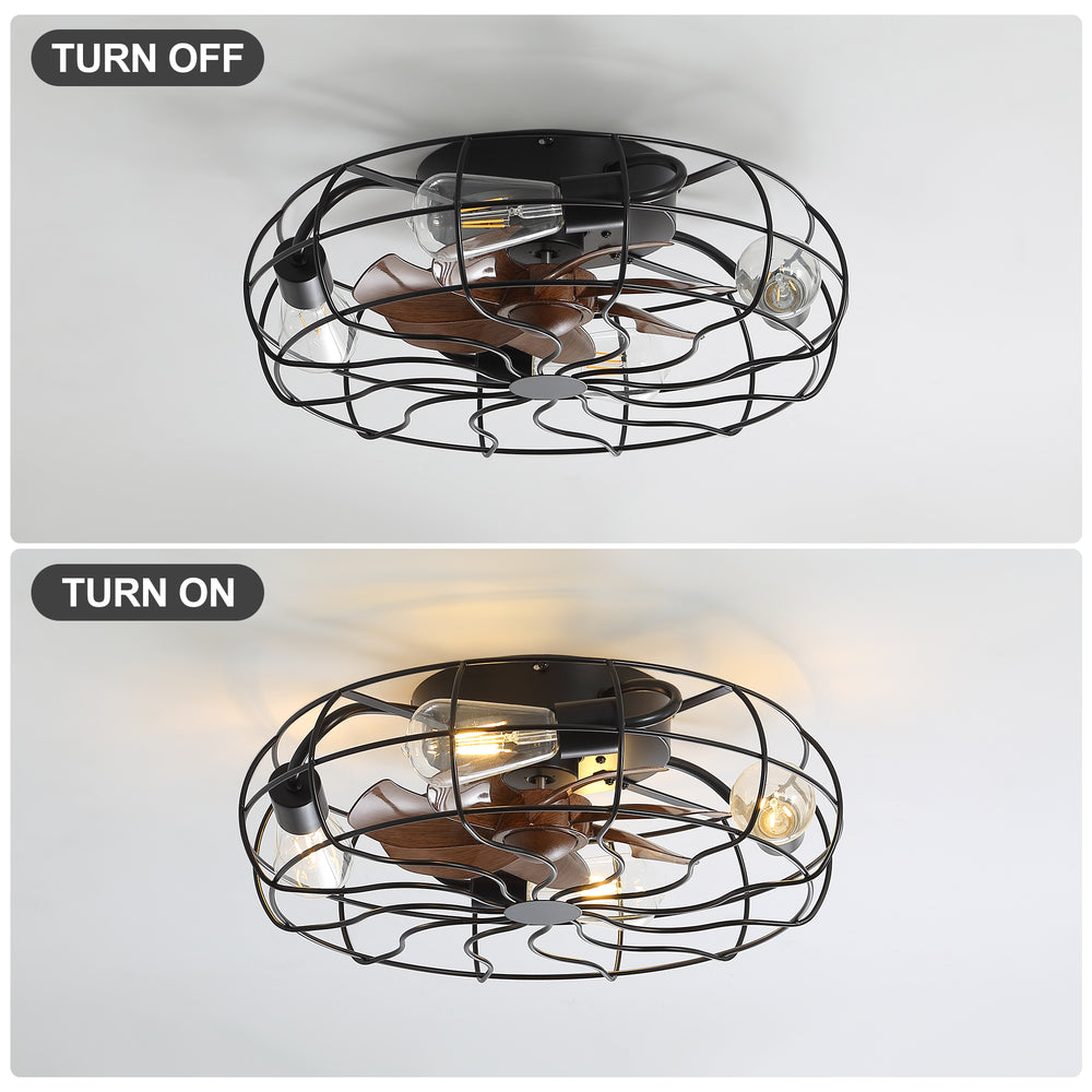 18.5-Inch Matte Black Caged Ceiling Fan with Light and Remote, Low Profile Flush Mount, Quiet DC Motor, 7 ABS Blades, Compatible with 4*E26 Base Bulbs