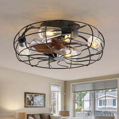 18.5-Inch Matte Black Caged Ceiling Fan with Light and Remote, Low Profile Flush Mount, Quiet DC Motor, 7 ABS Blades, Compatible with 4*E26 Base Bulbs