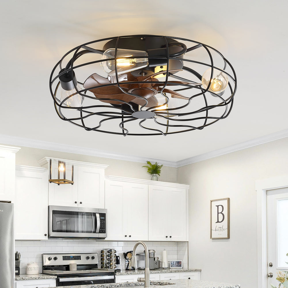 18.5-Inch Matte Black Caged Ceiling Fan with Light and Remote, Low Profile Flush Mount, Quiet DC Motor, 7 ABS Blades, Compatible with 4*E26 Base Bulbs