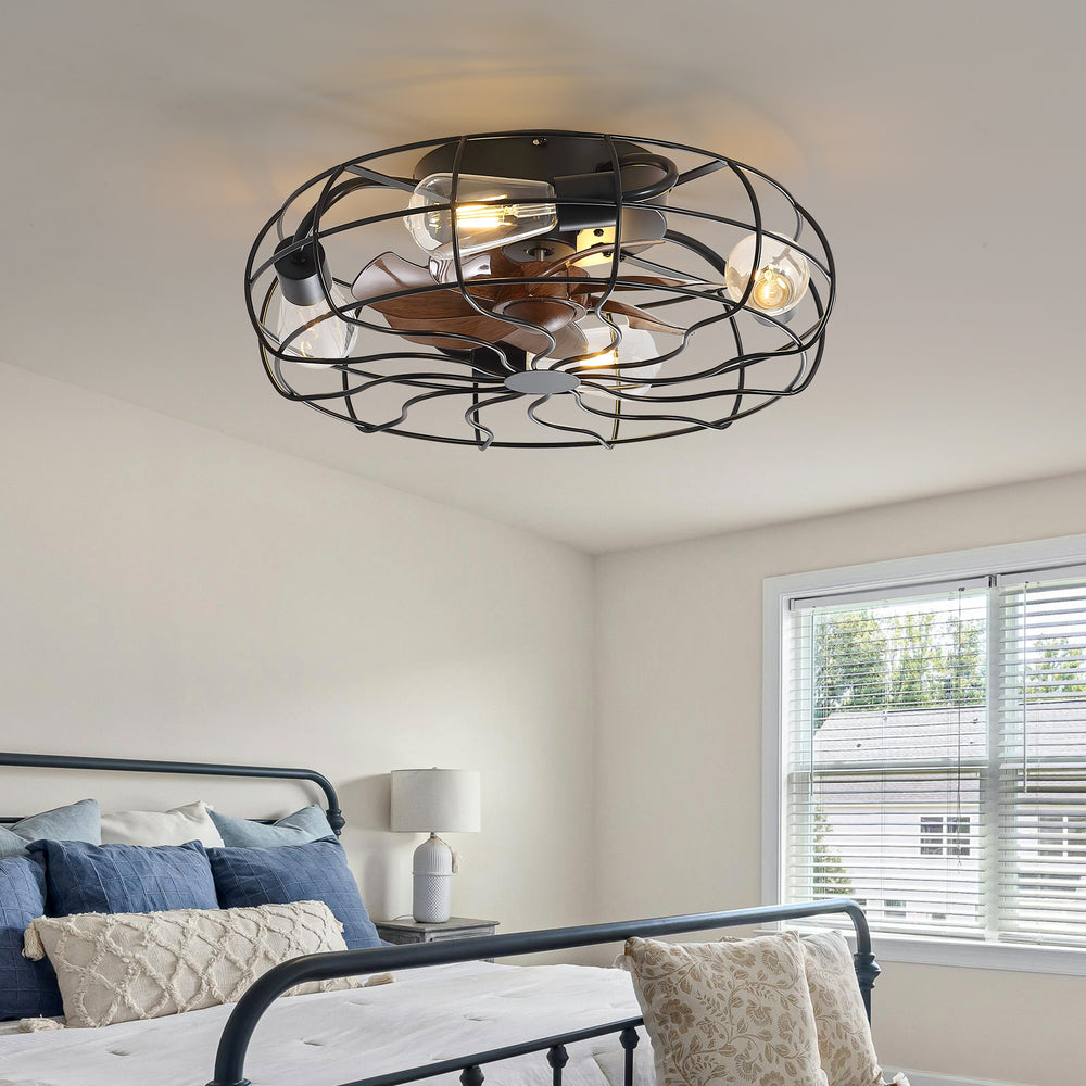 18.5-Inch Matte Black Caged Ceiling Fan with Light and Remote, Low Profile Flush Mount, Quiet DC Motor, 7 ABS Blades, Compatible with 4*E26 Base Bulbs