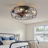 18.5-Inch Matte Black Caged Ceiling Fan with Light and Remote, Low Profile Flush Mount, Quiet DC Motor, 7 ABS Blades, Compatible with 4*E26 Base Bulbs