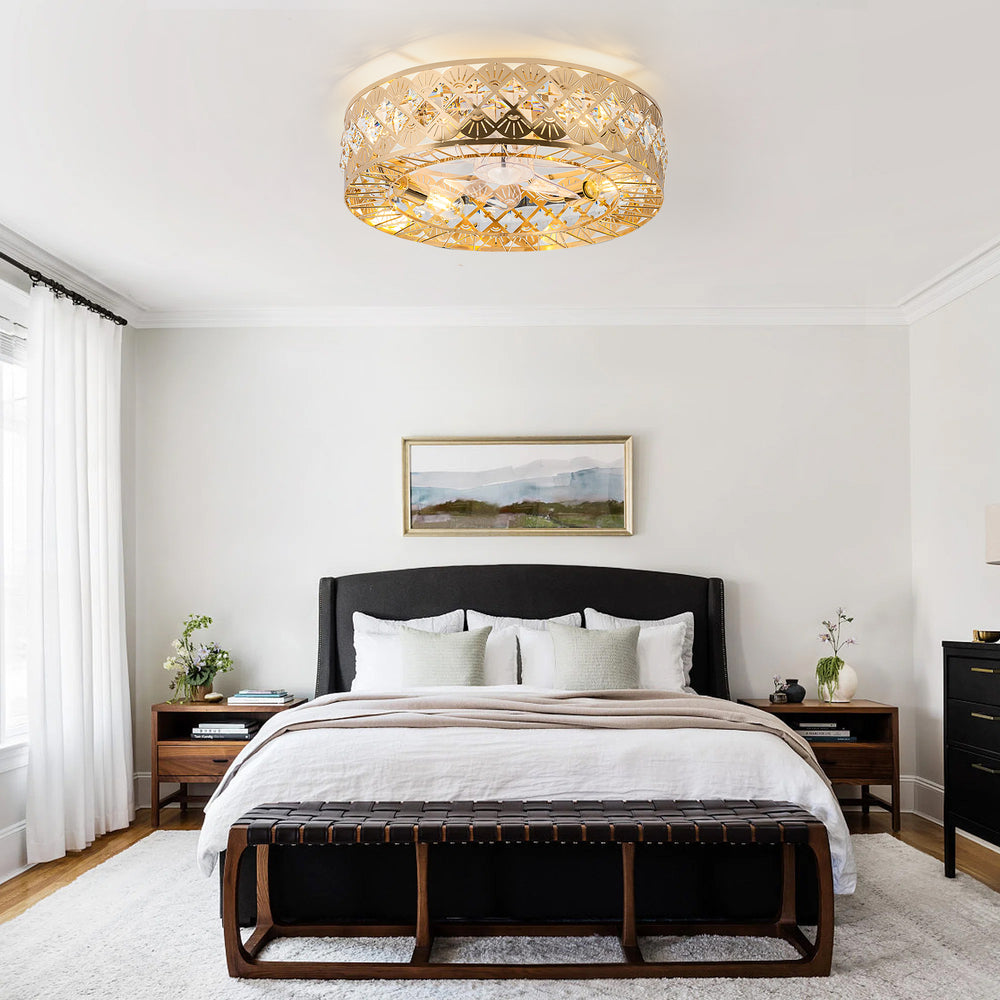 19" Rose Gold Caged Ceiling Fans with Lights Remote Control, Low Profile Flush Mount Ceiling Fan, Modern Bladeless Enclosed Ceiling Fan with Light for Bedroom, 7 Reversible Transparent Blades